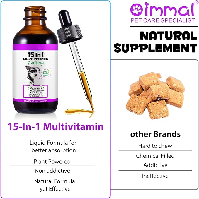 15-in-1 Dog Multivitamin Drops, Liquid Multivitamin Drops for Dogs, 2 oz | with Glucosamine, MSM & Omega for Joint, Heart, Immune & Skin Health, Easy Liquid Drops for Picky Eaters, All Ages, Breeds
