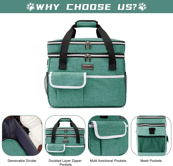 BAGLHER Dog Travel Bag, Double-Layer, with Food Containers & Bowls, Green