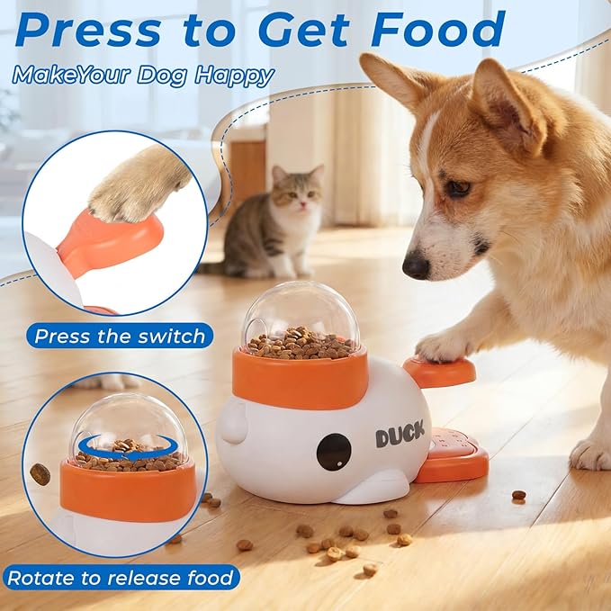 2-in-1 Duck Shaped Interactive Dog Toy Food Puzzle Slow Feeder (White/Blue Duck Shaped with Button), cat Snack Dispenser, Reduces Bloating in Small Animals, Dog Puzzle Feeder