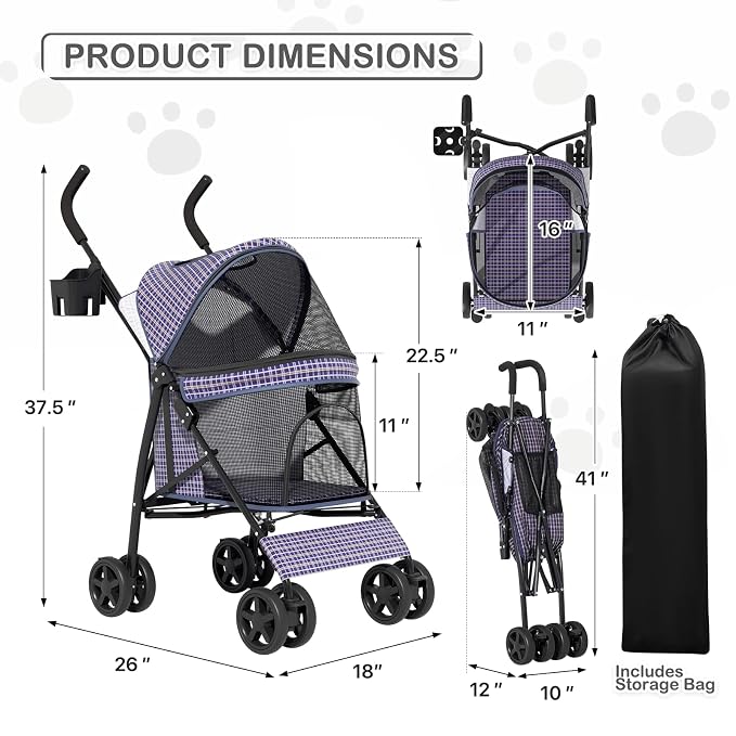 MoNiBloom 4-Wheel Foldable Pet Stroller - Plaid, up to 22lbs