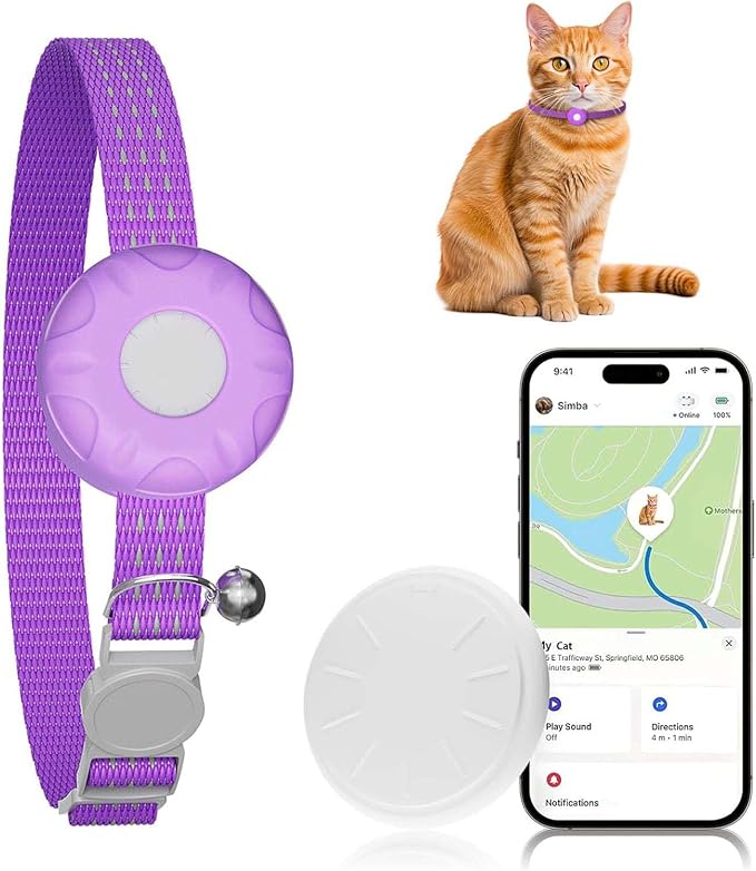 Cat Tracker, MINI Pet Tracker for Cats, No Monthly Fee, Waterproof Cat GPS Tracker, Compatible with Apple Find My App(Only iOS), Real-Time Tracking, Precise Positioning, Smart Alerts,Purple