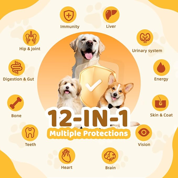 12-in-1 Dog Multivitamin Chewable: Dog Vitamins & Supplements with Chondroitin Glucosmine Probiotics Omega 3 Cod Liver Oil CoQ10 Astaxanthin for Joint Gut Heart Eye Brain Immune Support