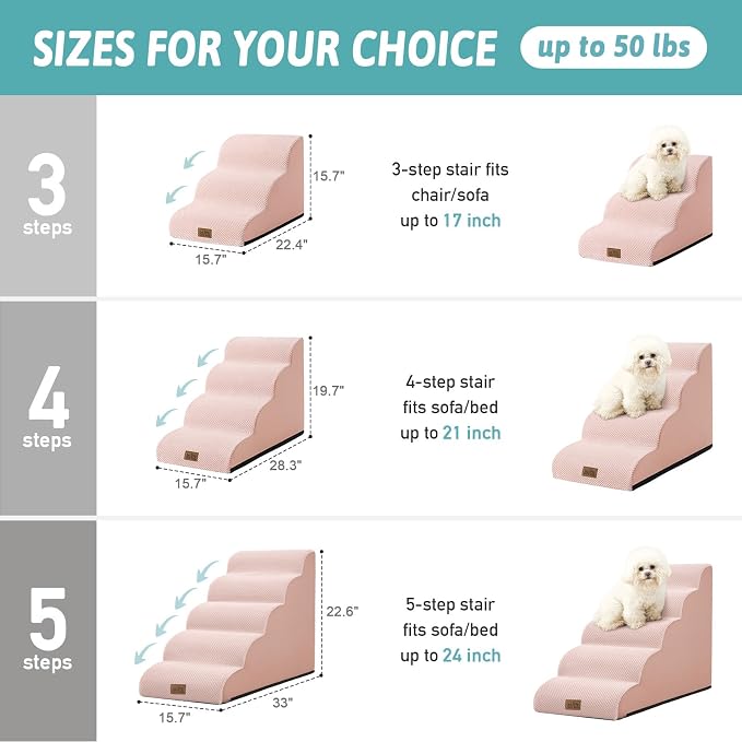 COZY KISS Dog Stairs for Small Dogs 19.7" H, Curved Dog Step for Puppy, Older or Cat, Medium Pet Ramp for Sofa, Couch or Bed, Ladder with High Density Foam, 4 Step, 15.7x28.3x19.7 inch, Pink