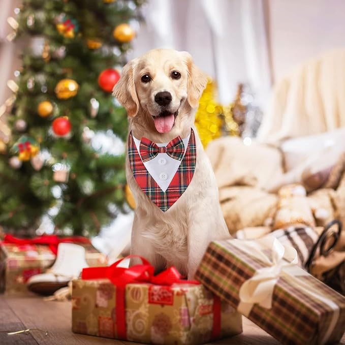 Adjustable Red Plaid Christmas Dog Tuxedo Bandana with Bow Tie, Medium, XS, Red