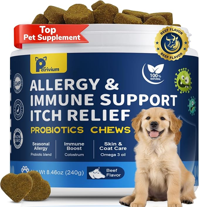 Dog Allergy Relief Chews, Helps Relieve Itchy Skin, Paw Licking & Ear Irritation, Dog Allergy Supplement with Probiotics for Skin & Immune Support, Colostrum & Fish Oil/Beef Flavor(Tan)