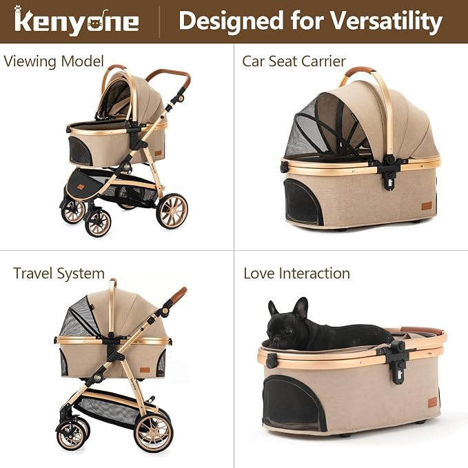 Kenyone 3-in-1 Pet Stroller - Khaki (C510L), Detachable Carrier