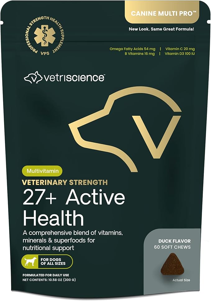 VetriScience Veterinary Strength 27+ Active Health, Duck, 60 Chews | Comprehensive Dog Multivitamin for Dog Health & Wellness, Digestive Support