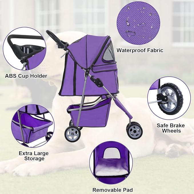 BestPet 3-Wheel Jogger Pet Stroller - Purple, Cup Holder & Removable Liner