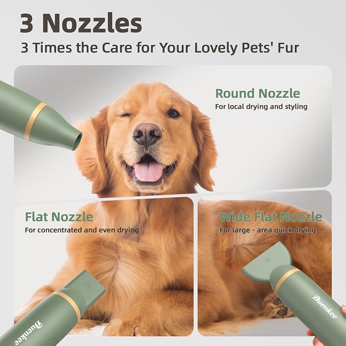 buenkee Dog Blow Dryer for Pet Grooming Handheld Lightweight Dog Cat Hair Dryer 3 Speeds 4 Temp, Portable 3HP High Velocity Pet Blower Quiet Dryer for Travel Campaign Home, with 3 Nozzles, Green