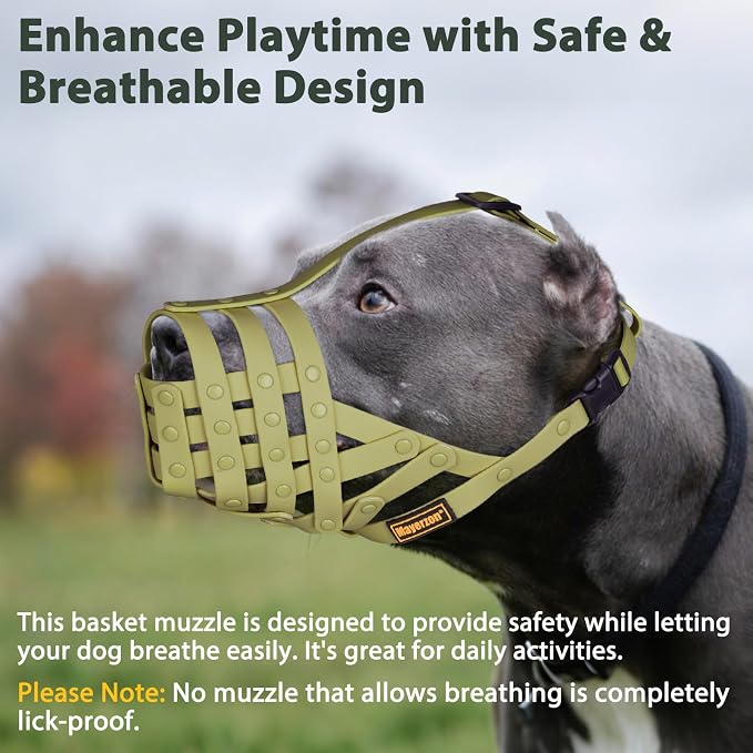 Pitbull Dog Muzzle for Large Medium Dogs Prevent Biting Scavenging | Fits Rottweiler Amstaff Broad-nosed Breed, Sturdy Breathable Basket, Training Walking Use, Allows to Drink | Green, L