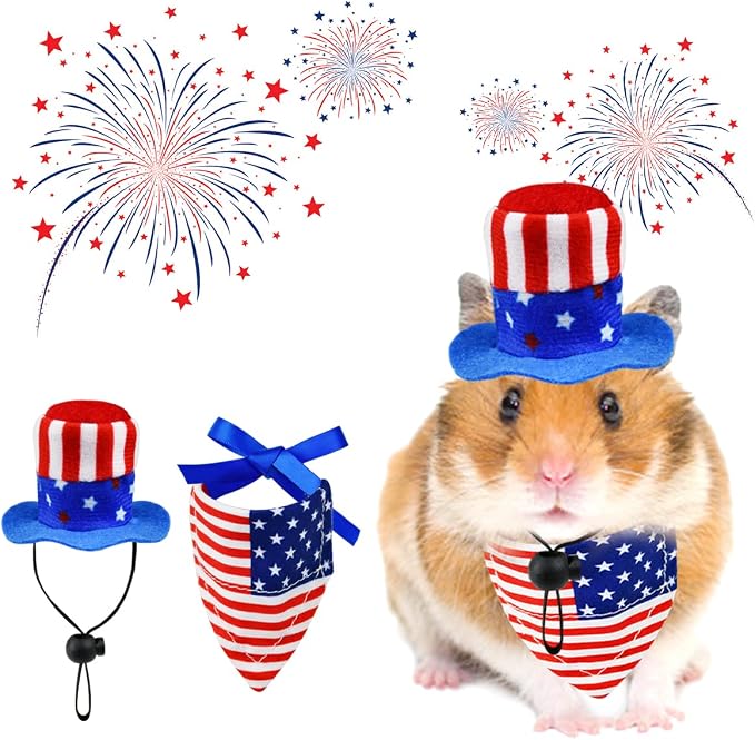 4 Pcs Pet Independence Day Costume 4th of July Guinea Pig Hat and Bandana, Small, 4-Pack, Small
