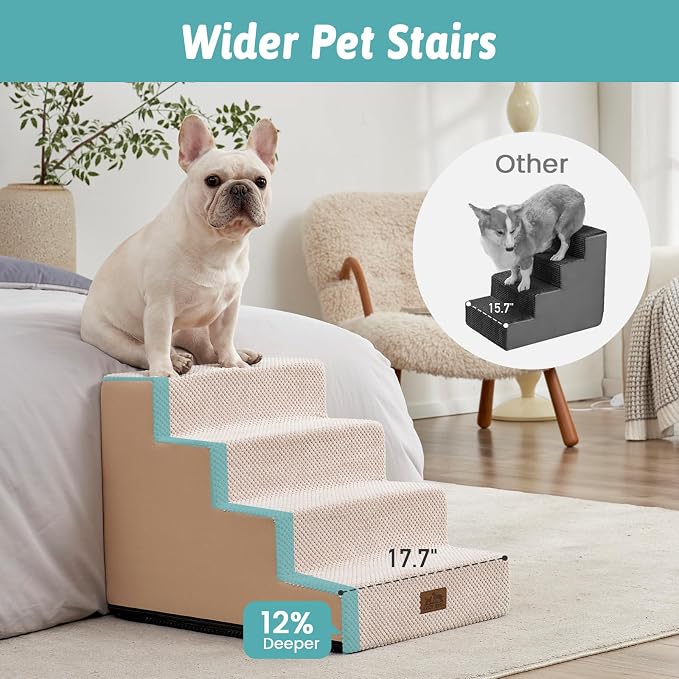 COZY KISS Dog Stairs for Small Dogs, 4 Step Pet Stairs for Beds & Couches | 17.7" Wider H Non-Slip Dog Steps for Bed, Ideal for Puppies, Senior Cats, and Small to Medium Dogs, 17.7x23.6x17.7 in, Beige