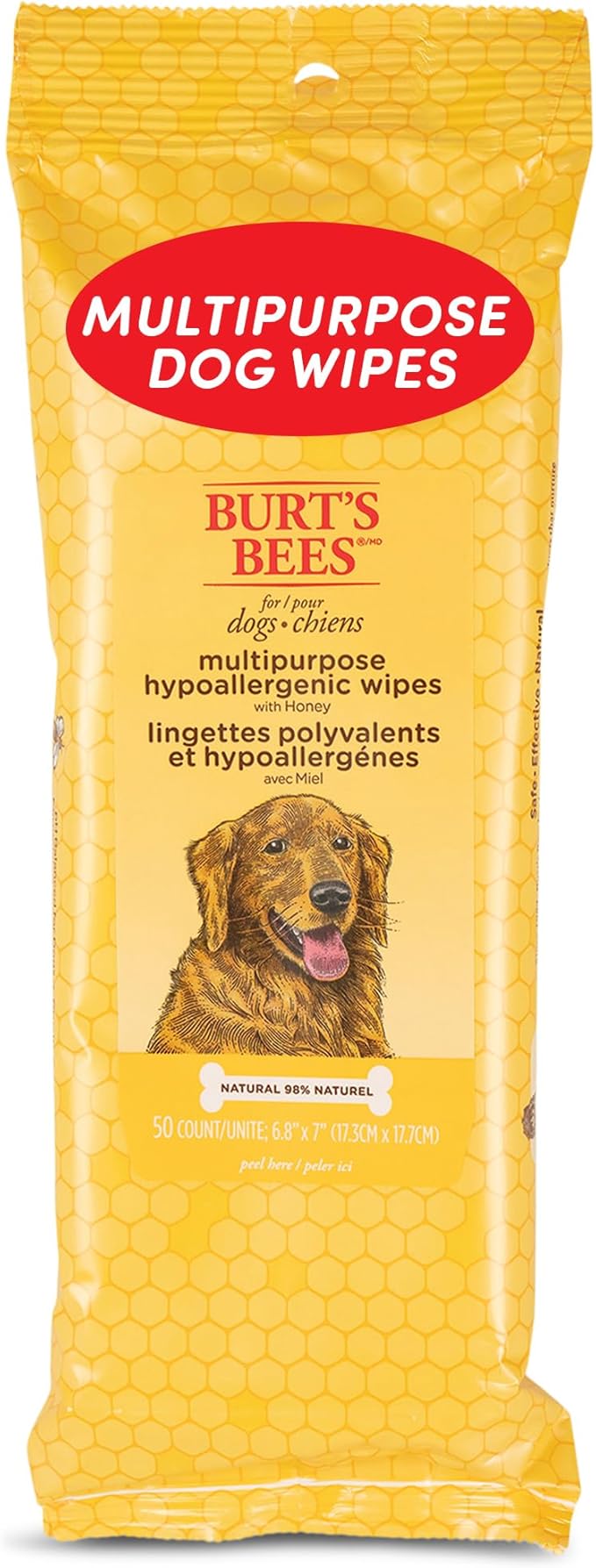 Burt's Bees for Pets Honey Multipurpose Dog Grooming Wipes, 50 Count