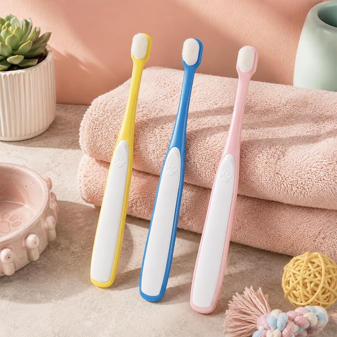 3 PCS Small Dog Toothbrush, Soft Puppy Toothbrush Deep Cleaning Mini Head Tooth Brush with Clear Case for Puppy Kitten Tiny Pets, Pink & Yellow & Blue