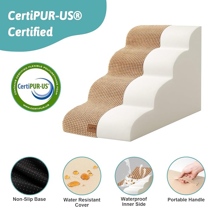 COZY KISS Dog Stairs for Small Dogs, Curved Dog Step for Puppy, Older or Cat, Medium Pet Ramp for Sofa, Couch or Bed, Ladder with High Density Foam, 15.7x28.3x19.7 inch, 4 Step, Light Brown