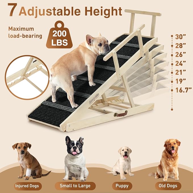 Dog Ramp for Bed - 53.3" Long Foldable Pet Ramp for Small Large Dogs - Dog Ramps for High Beds Couch Car/SUV - Pet Stairs High Traction with Platform 7 Adjustable Heights 17" to 30" Up to 200LBS, Wood