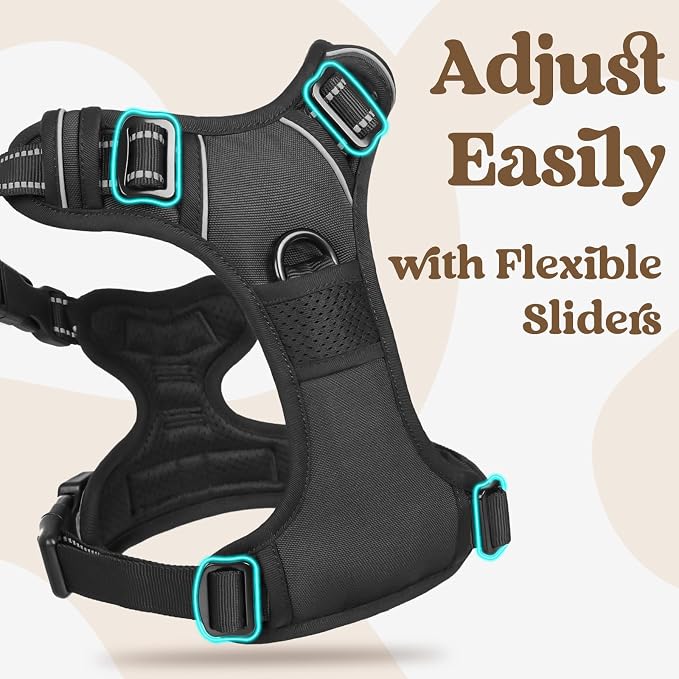 rabbitgoo Dog Harness for Large, Updated Easy On & Off with 3 Buckles | No Pull No Choke, Walking with 2 Clips and Handle, Adjustable Soft Reflective, Black, Large