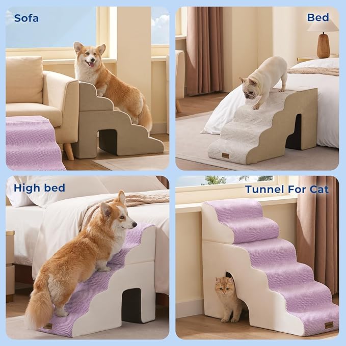 ZOMISIA Dog Ramp for Large Dogs - 24"H 5-Step Pet Stairs for High Beds with Tunnel, 2-in-1 Design with Zippers, Suitable for Indoor Cat Ladders with Non-Slip Bottom, Beige