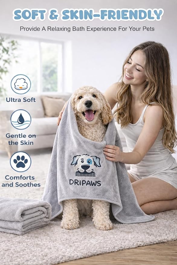 Microfiber Dog Towel for Drying Dogs, 56'' x 28'', Super Absorbent Soft Pet Grooming Towel, Fast Drying Bath & Shower Towel for Dogs, Grey