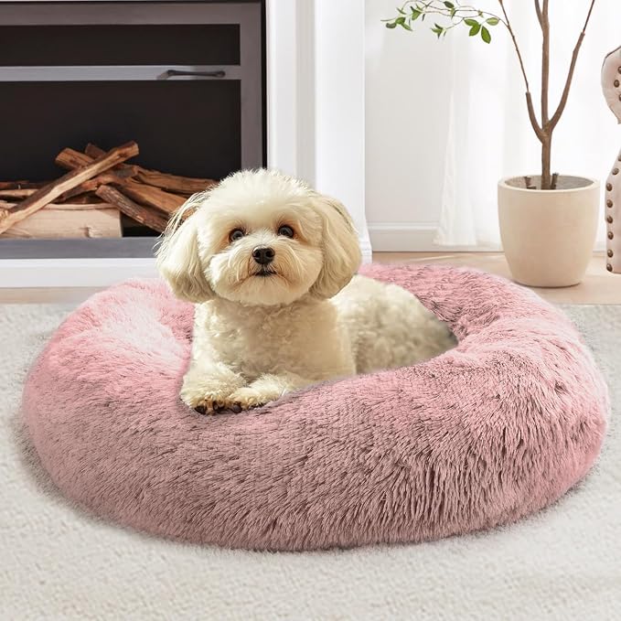 JOLLYVOGUE 36" Calming Donut Dog Bed, Dark Pink