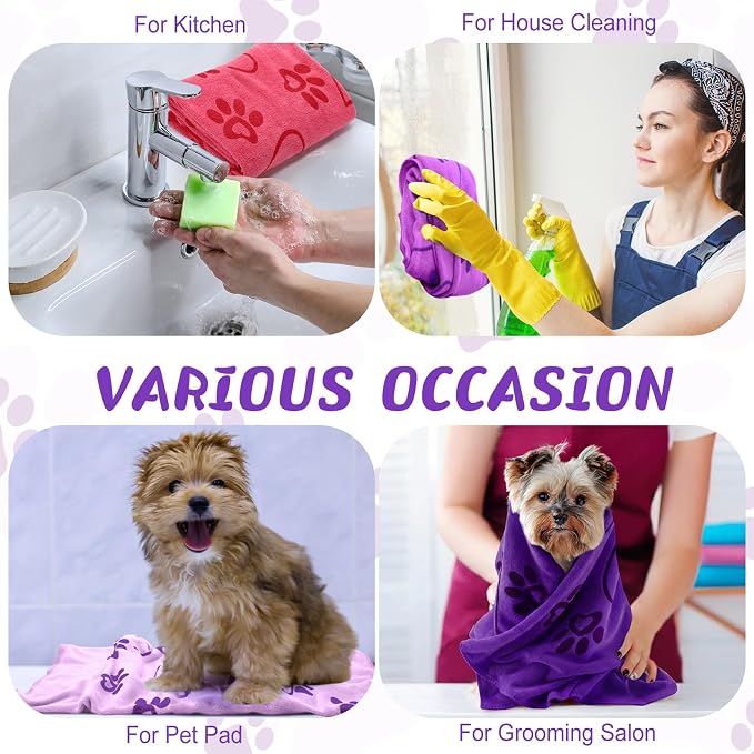 Fanfanwin 4 Pcs Dog Bath Towels Microfiber Drying Dog Towel Absorbent Pet Heart Paw Towels for Medium Dogs Puppy Cats Pets Shower (Purple,Pink)