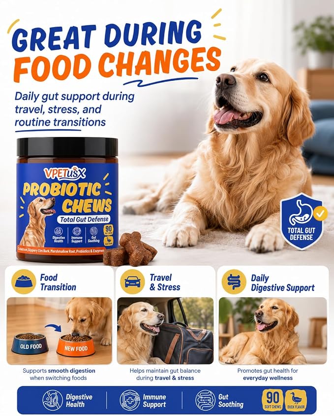 Advanced Dog Gut & Immune Support - Probiotics for Dogs Upset Stomach & Gas Relief with Pumpkin, Slippery Elm,Colostrum & Digestive Enzymes, (Duck Flavor 90 ct)
