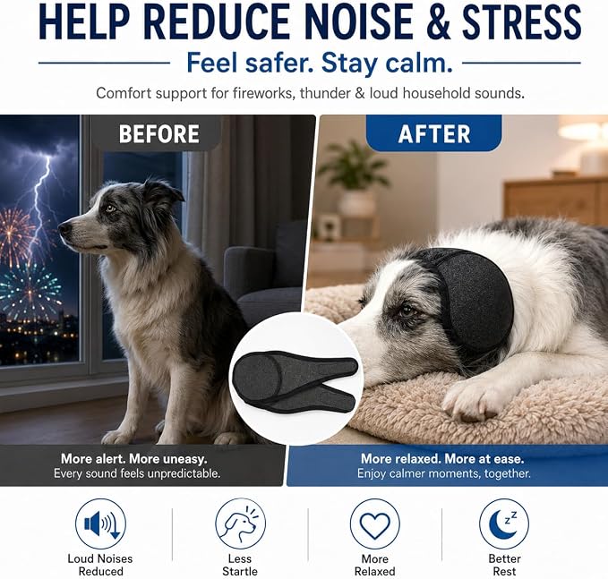 Dog Ear Muffs Noise Protection, Adjustable No-Flap Dog Ear Cover for Fireworks, Thunderstorms, Grooming, Blow Drying