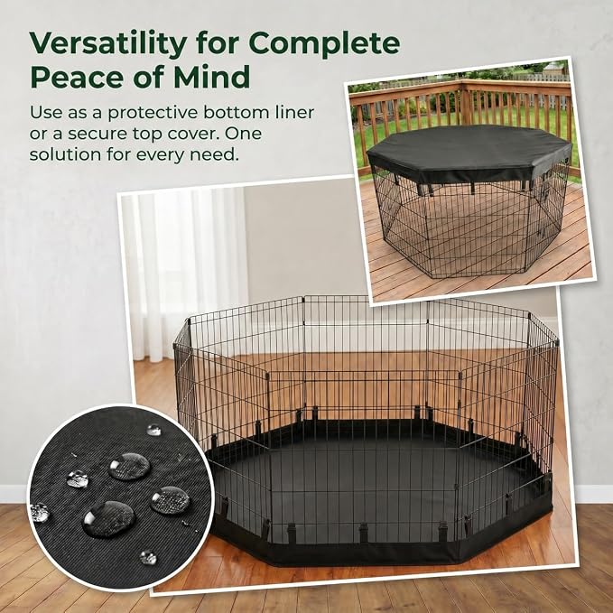PJYuCien 2-in-1 Octagonal Dog Playpen Pad, 24" Side Waterproof Bottom Liner Escape-Proof Top Cover, 600D Oxford with Snap Hooks for Puppy Small Animals, Black