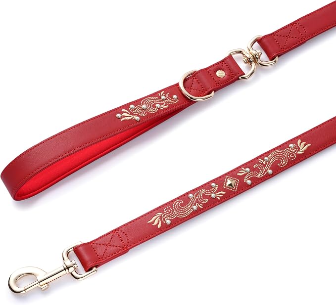 Blueberry Pet Premium Red Leather Dog Leash with Gold Baroque Embroidery