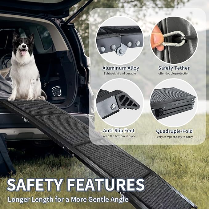 Extra Wide Dog Ramp for Large Dogs, 65" Foldable Aluminum Pet Car Ramp with Non-Slip Loofah Surface, 4-Fold Portable Dog Ramp for SUV Trucks High Beds, Joint-Friendly Gentle Incline