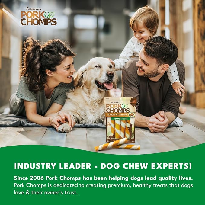 Pork Chomps Baked Pork Skin Dog Chew, 6-inch Twists, Peanut Butter Wrap, 4 Count (Pack of 2)