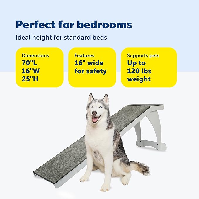 PetSafe CozyUp Wooden Pet Bed Ramp, White | Durable Wood Ramp with High-Traction Carpet Surface, for Small Dogs & Senior Dogs/Cats Up to 120 Lb, 70"L x 16"W x 25"H