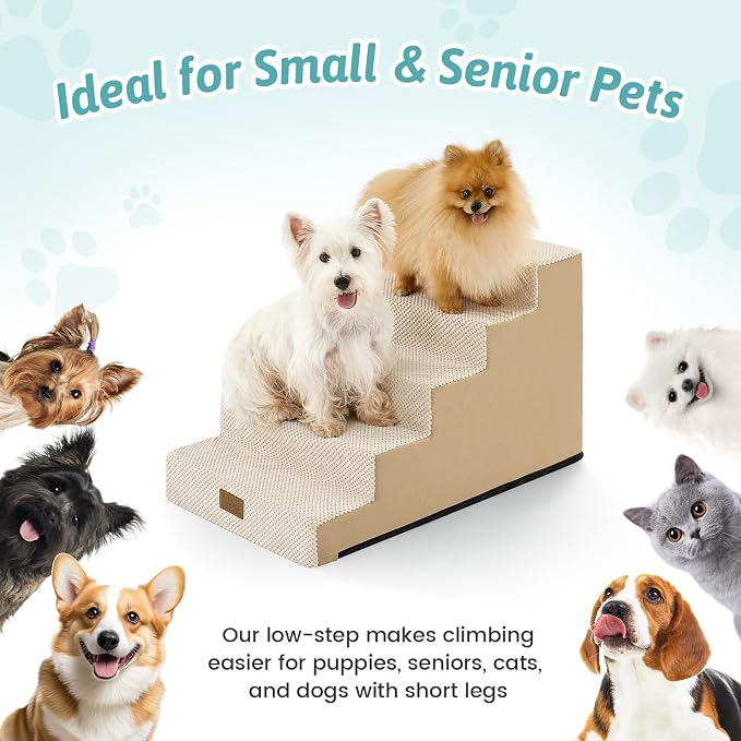 COZY KISS Dog Stairs for Small Dogs, 4 Step Pet Stairs for Beds & Couches | 15.7" H Non-Slip Dog Steps for Bed & Sofa, Gentle Incline for Puppies, Senior Cats, and Small Dogs, 15.7x23.6x15.7 in, Beige