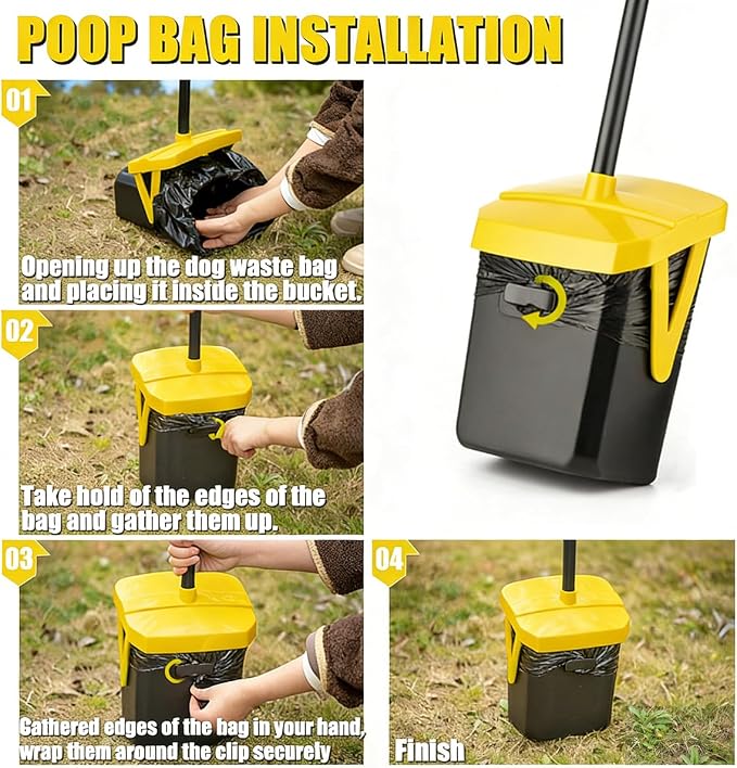 FUSBUNTY Pooper Scooper Swivel Bin & Rake with 100 Waste Bags, Dog Pooper Scooper with Bag Attachment for Large Medium Small Dogs, Poop Scooper with Lid for Lawn Yard Dog Kennel - Yellow