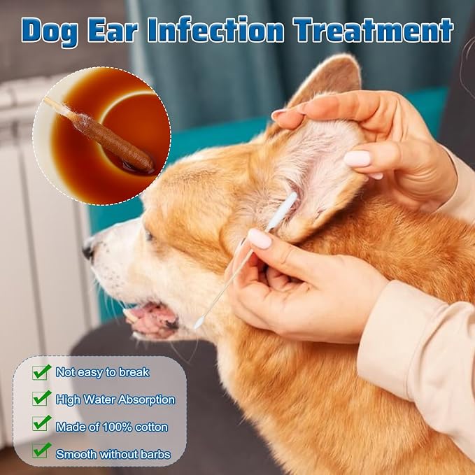 100PCS Long Cotton Dog Ear Swabs Double Sided Dog Ear Swabs 6 Inch Long Cotton Swab Large Double Sided Gentle Lint-Free Clean Wood Buds for Pet Dogs Ears Cleaning Wax Removal