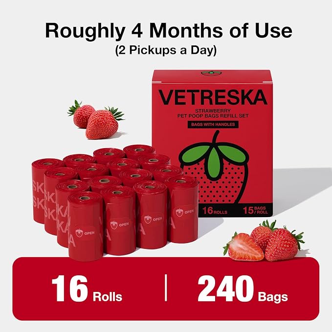 VETRESKA Dog Poop Bags with Handles 240 Count, Strawberry Scented Waste Bags, Leak-Proof Thick Dog Bags for Poop, Easy-Tie Large Poop Bags, 16 Refill Rolls for Dog Walking Cat Litter