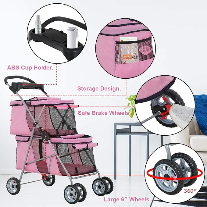 4-Wheel Folding Pet Stroller Carrier - Pink