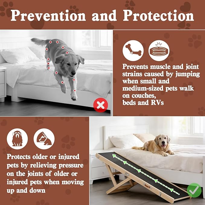 Dog Ramp for High Bed, Couch, Car, 64" Long Foldable Pet Ramp & 5 Adjustable Heights 19.7"-31.5" Wooden Dog Step with Anti-Slip Yoga Mat for Small Medium Large Older Pets, up to 200lbs