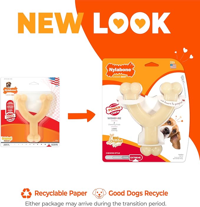 Nylabone Power Chew Wishbone Dog Chew Toy, Original Flavor, Medium | Durable chew toys, long lasting, flavor throughout, discourages destructive chewing, easy-hold shape, for dogs up to 35 lbs