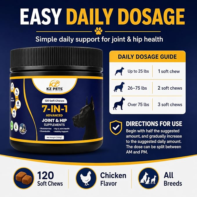 7-in-1 Dog Hip & Joint Supplement with Glucosamine, Chondroitin, MSM, Turmeric, Omega-3, Green Lipped Mussel, 120 Soft Chews