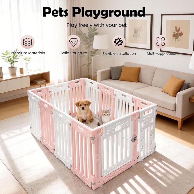 Dog Playpen, Large Pet Playpen with Cute Patterns & 1 Door & 11 Freely Combinable Panels Dog Fence Large Crate for Pets Pet Safety Fence Pet Essentials for Small/Medium Dogs (Pink & White)