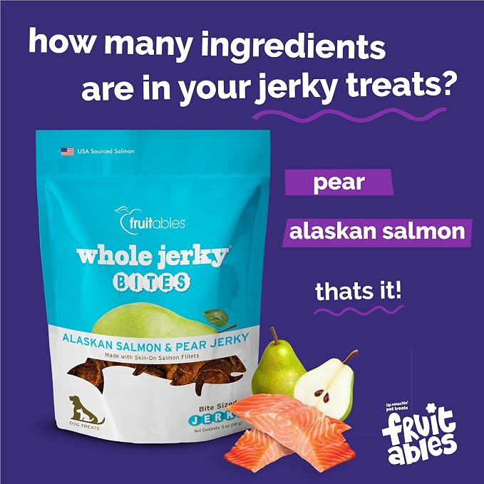 Fruitables Whole Jerky Bites, Healthy Dog Treats, Puppy Essentials, Jerky Dog Treats, Made in the USA, No Artificial Ingredients, Alaskan Salmon & Pear Flavor, 5oz