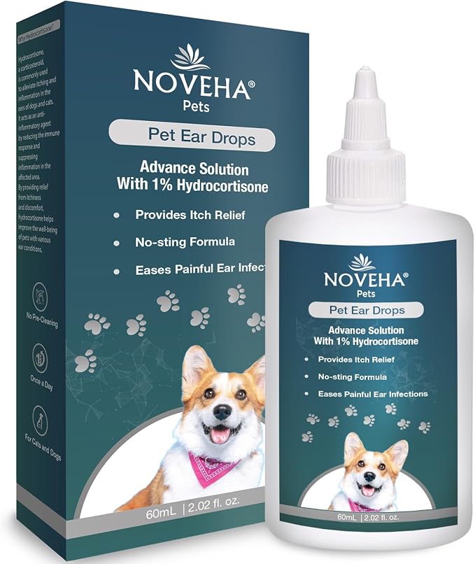 NOVEHA Pet Ear Drops with 1% Hydrocortisone | Ear Cleaner for Dogs & Cats for Earwax buildup, - No-Sting Formula, Calms Itch & Reduces Painful Ear Infections 60mL (60ml (Pack of 1))