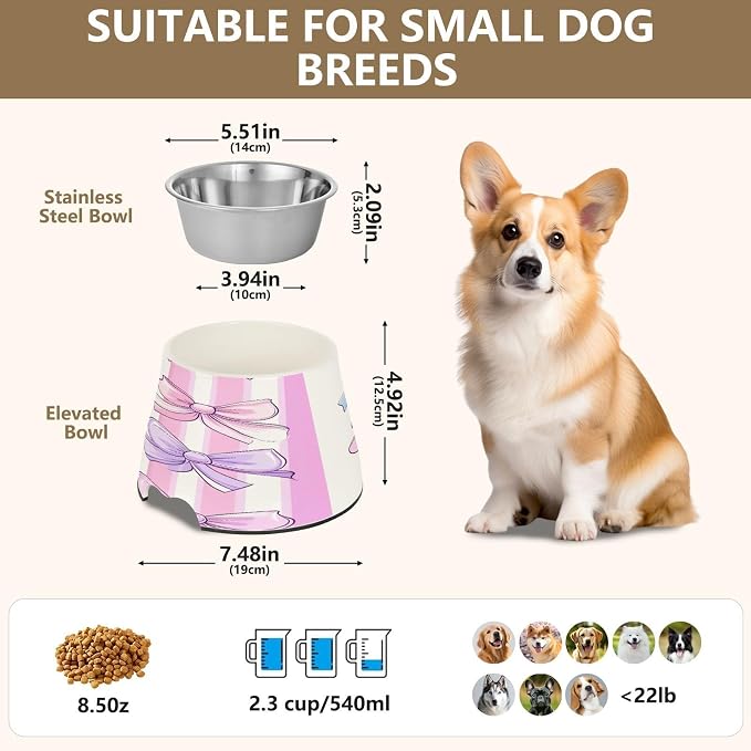 YETTASBIN Beautiful Bow Elevated Dog Bowls, Prevention of Vertebrae Disease Raised Dog & Cat Bowl Stand with Removable Stainless Steel Bowls, Non-Slip Spill-Proof Pet Food & Water Bowl Dish