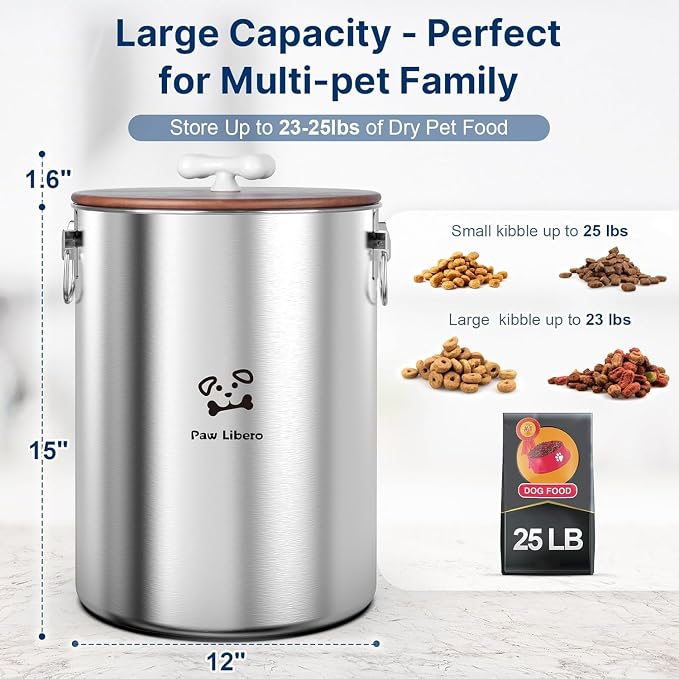Paw Libero 2PK 25 Lbs total 50 Lbs Stainless Steel Dog Food Storage Container, 25 Lbs, Stainless Steel