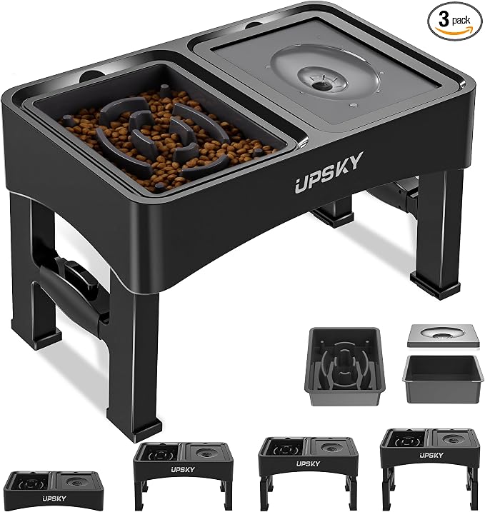 UPSKY 2-in-1 Elevated Dog Bowls Slow Feeder, 4 Height Adjustable Raised Bowls Stand, No Spill Dog Water Bowls, Anti-Slip Food and Water Bowl for Small Medium Dogs(Not Include Stainless Steel Bowl)