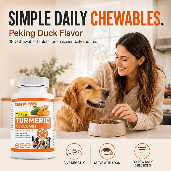 Turmeric for Dogs – 180 Chewable Tablets – Hip and Joint Support with Curcumin & Piperine – Joint Supplement, Anti Inflammatory & Mobility Support, Allergy & Itch Relief - Duck Flavor with Salmon Oil