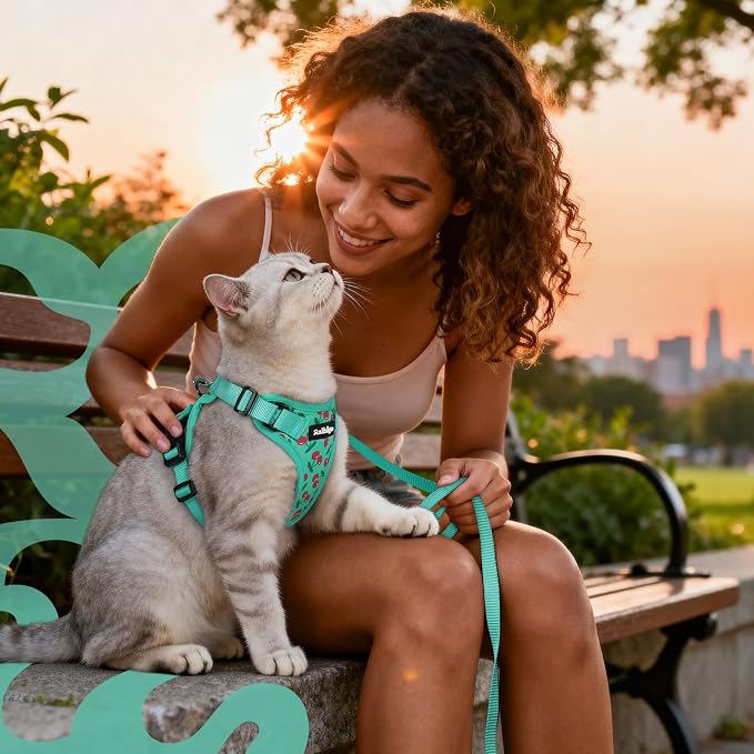 rabbitgoo Cat Harness and Leash Set, Escape Proof Vest, Cherry Grove | Soft Breathable Mesh, Easy Adjustable Fit, Snap Buckles, Sturdy Clip, Reflective Strips, for Medium to Large Cats Walks, M
