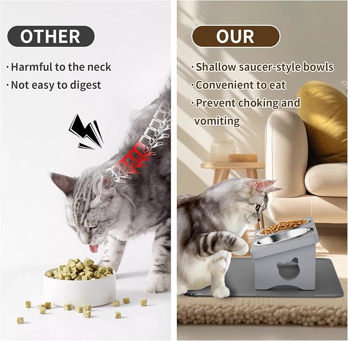 Elevated Cat Bowls, 15° Tilted Raised Cat Food Bowl with Solid Wood Stand & Stainless Steel Dishes, Cat Feeding Station with Silicone Mat, Helps Reduce Vomiting for Cats & Small Dogs(Slate Grey)