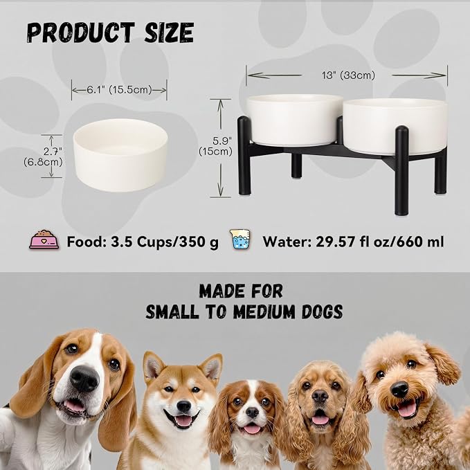 Raised Ceramic Dog Bowl Set - Elevated Double Dishes with Stainless Steel Stand - Food and Water Bowls for Small to Medium Dogs - Each Holds 3.5 Cups (29.57 fl oz) - White